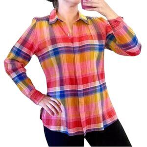 Soft Surroundings Sansonne Plaid Embroidered Button Front Shirt Size L